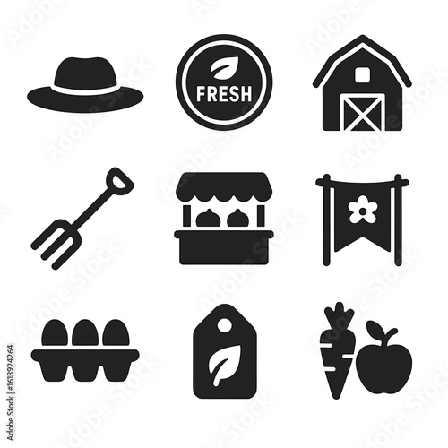 Spring Harvest Icons. Solid, filled icons set of local spring harvest icons: farmer's hat, fresh stamp, barn