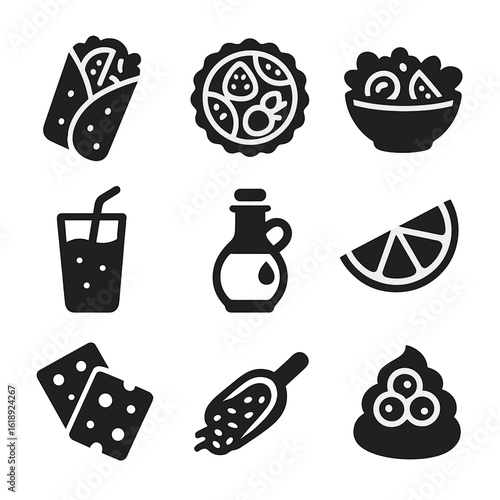 Spring Meal Icons. Solid, filled icons set of preparing light spring meals: veggie wrap, fresh tart, salad