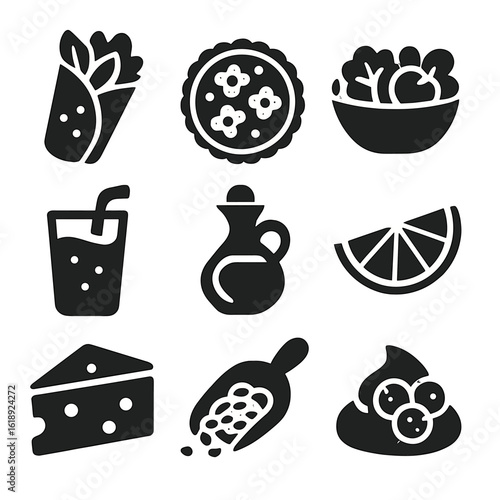 Spring Meal Icons. Solid, filled icons set of preparing light spring meals: veggie wrap, fresh tart, salad