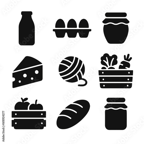 Farm Life Icons. Solid, filled icon set of farm life products: milk bottle, eggs carton, honey jar, cheese wedge, wool ball,