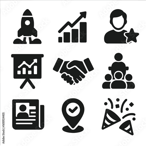 Startup Growth Icons. Solid, filled icons set of startup launch and growth moments: product launch rocket,