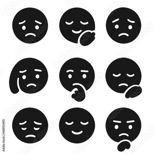 Mood Icon Grid. Solid, filled icon set of expressions and moods: sadness, shyness, guilt, regret, contemplation, fatigue,