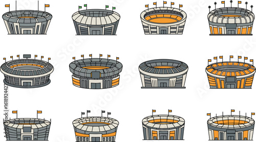 Set of Cartoon Stadium Illustrations with Flags on Top on transparent background