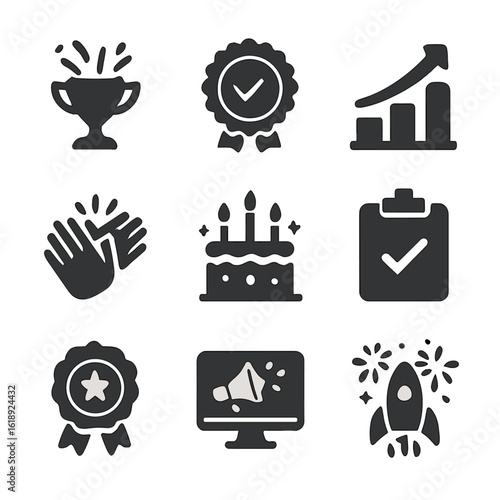 Startup Milestone Icons. Solid, filled icons set of startup milestone celebrations: milestone trophy, goal