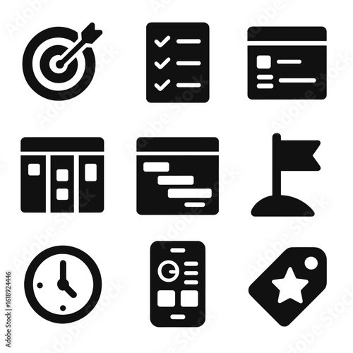 Startup Productivity Icons. Solid, filled icons set of startup productivity and planning tools: goal tracker,