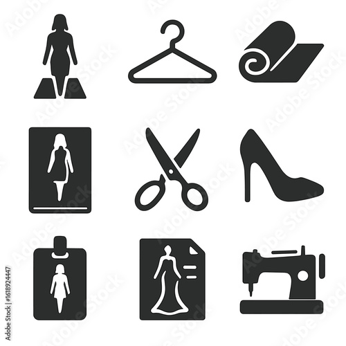 Fashion Icons Grid. Solid, filled icons set of global fashion symbols: runway model, hanger, textile roll,