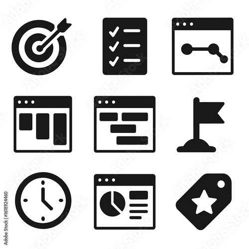 Startup Productivity Icons. Solid, filled icons set of startup productivity and planning tools: goal tracker,