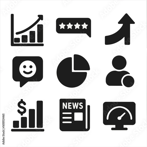 Startup Success Icons. Solid, filled icons set of startup success metrics after launch: user growth graph, app