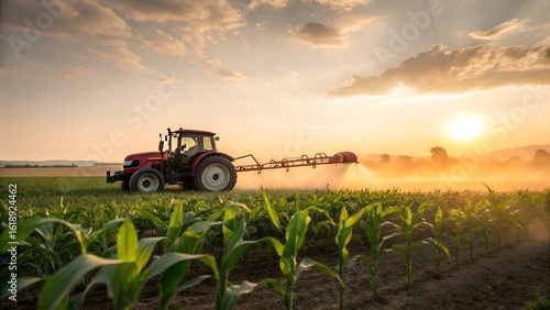 Red tractor spraying crops in a field at sunset with golden light