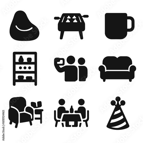 Startup Social Icons. Solid, filled icons set of startup break zone and social corner: beanbag chair, foosball