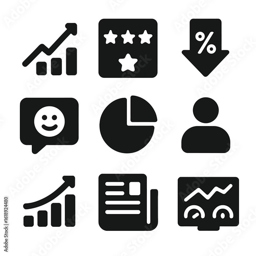 Startup Success Icons. Solid, filled icons set of startup success metrics after launch: user growth graph, app