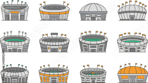 Set of Cartoon Stadium Illustrations with Flags on transparent background