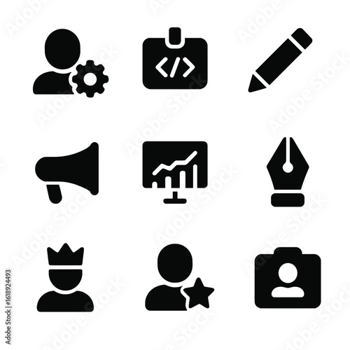 Startup Team Icons Grid. Solid, filled icons set of diverse startup team roles: product manager icon,