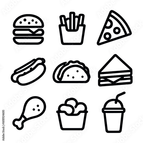 Fast Food Icons. Solid, filled icon set of fast food: burger, fries, pizza, hot dog, taco, sandwich, fried chicken, nuggets,