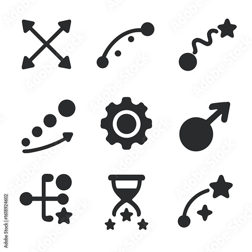 Stellar Lifecycle Icons. Solid, filled icons set of stellar motion and lifecycle timelines: proper motion