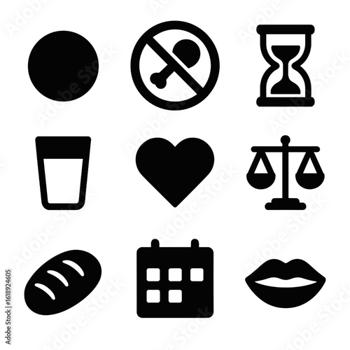 Fasting Icon Set. Solid, filled icon set of fasting and sacrifice: empty plate, no meat symbol, hourglass, water glass, heart,