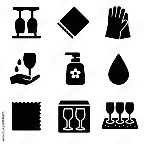 Stemware Care Icons. Solid, filled icons set of stemware cleaning and care: drying rack, microfiber cloth,