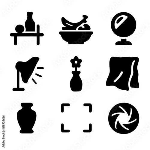 Still Life Icons. Solid, filled icons set of still life photography: tabletop setup, fruit bowl, reflective