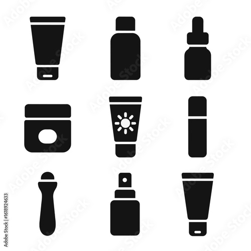 Morning Skincare Icons. Solid, filled icon set of morning skincare products: gentle cleanser, toner, lightweight serum, daily