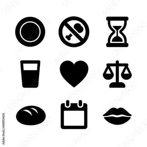 Fasting Icon Set. Solid, filled icon set of fasting and sacrifice: empty plate, no meat symbol, hourglass, water glass, heart,