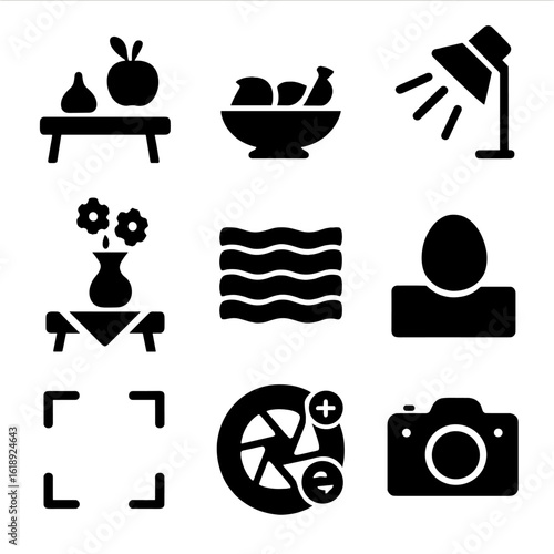 Still Life Icons. Solid, filled icons set of still life photography: tabletop setup, fruit bowl, reflective
