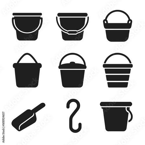 Feed Bucket Icon Set. Solid, filled icons set of feed bucket materials and designs: plastic bucket, galvanized