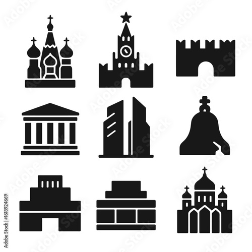 Moscow Landmarks Icon Set. Solid, filled icon set of Moscow landmarks: Saint Basil’s Cathedral, Kremlin wall, Spasskaya Tower, Red