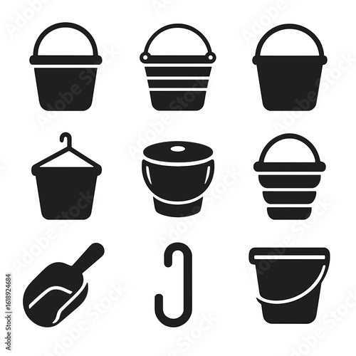 Feed Bucket Icon Set. Solid, filled icons set of feed bucket materials and designs: plastic bucket, galvanized