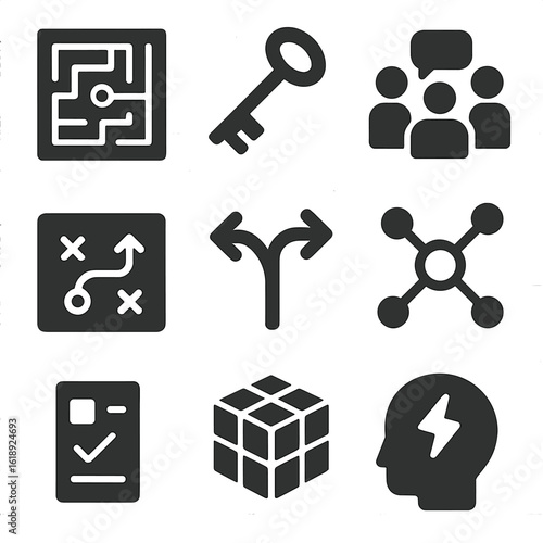 Strategy Icons Grid. Solid, filled icons set of problem-solving and strategy activities: maze puzzle, solution