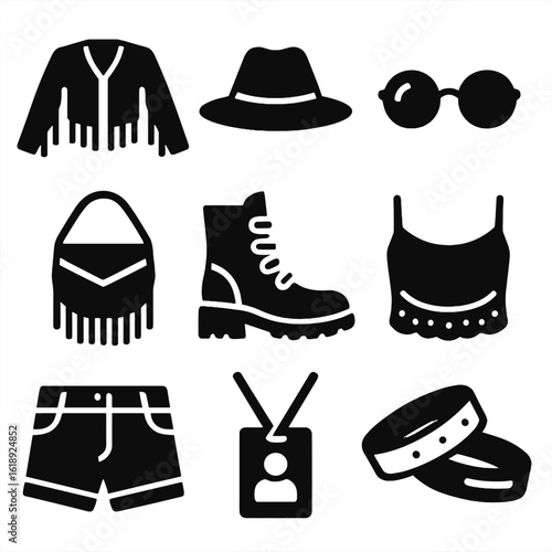 Festival Fashion Icons. Solid, filled icons set of music festival celebrity looks: fringe jacket, wide-brim