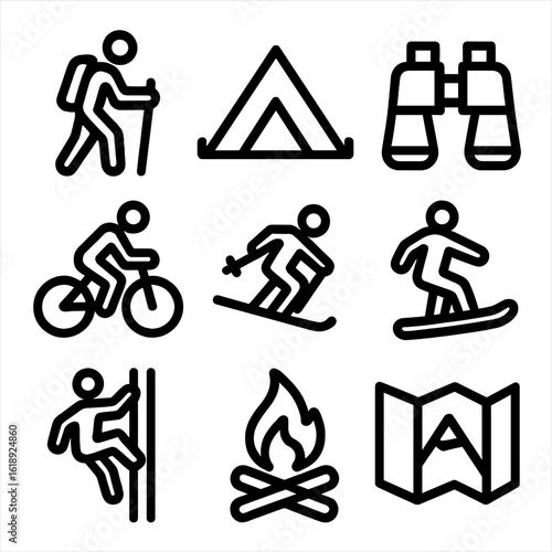 Mountain Activity Icons. Solid, filled icon set of Mountain activities: hiking, camping tent, binoculars, mountain biking, skiing,