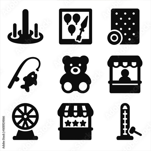 Festival Games Icons. Solid, filled icons set of festival and fairground games: ring toss, balloon darts, coin