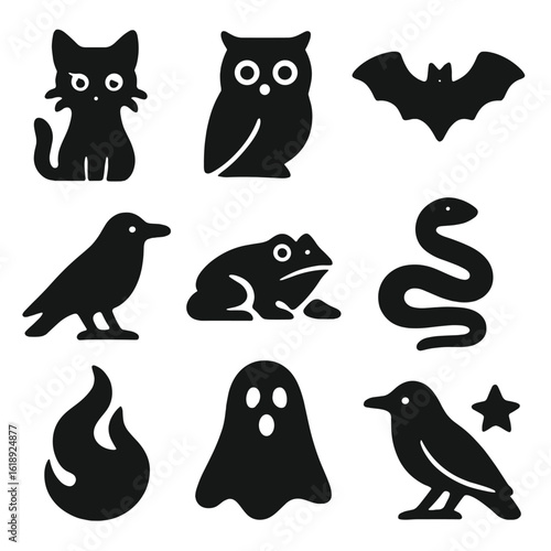 Supernatural Creature Icons. Solid, filled icons set of supernatural creatures: black cat, owl, bat, crow,