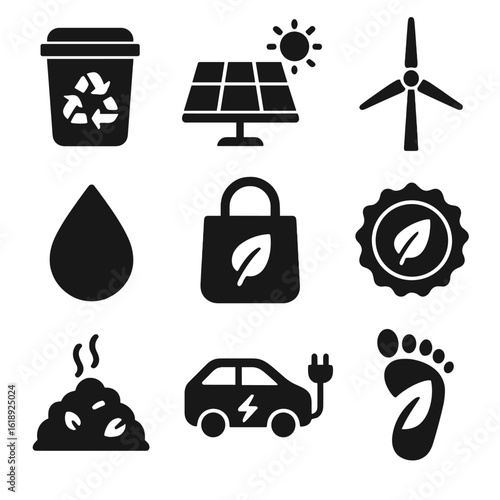 Sustainability Icon Set. Solid, filled icons set of environmental sustainability initiatives: recycling bin,
