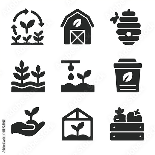 Sustainable Agriculture Icons. Solid, filled icons set of sustainable agriculture practices: crop rotation