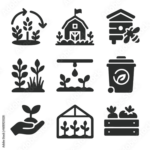 Sustainable Agriculture Icons. Solid, filled icons set of sustainable agriculture practices: crop rotation