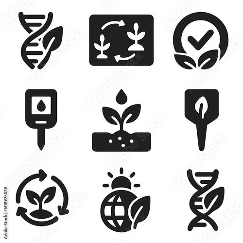 Sustainable Agriculture Icons. Solid, filled icons set of sustainable agriculture and genetics: eco DNA icon,