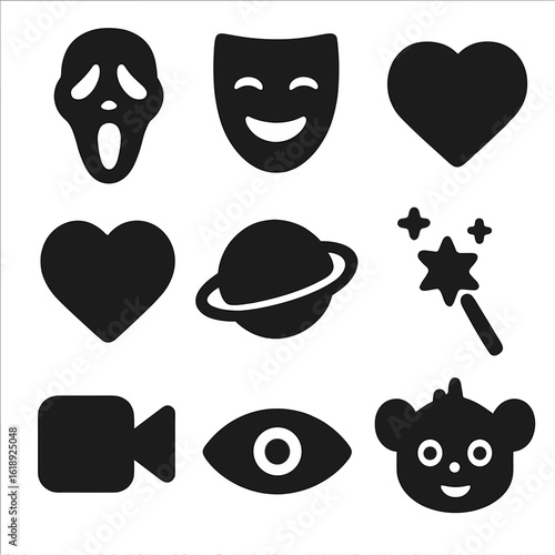 Movie Genre Icons. Solid, filled icon set of movie genres: horror mask, comedy mask, action explosion, romance heart, sci-fi