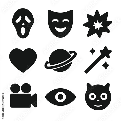 Movie Genre Icons. Solid, filled icon set of movie genres: horror mask, comedy mask, action explosion, romance heart, sci-fi