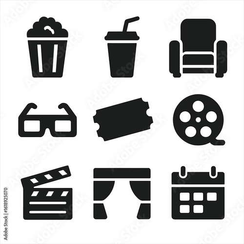 Movie Night Icons. Solid, filled icon set of movie night essentials: popcorn bucket, soda cup, recliner chair, 3D glasses, movie