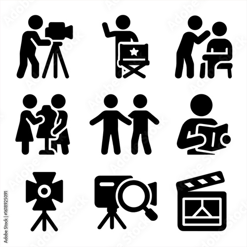 Film Production Icons. Solid, filled icon set of on-set activities: filming, directing, makeup, costume fitting, rehearsing,