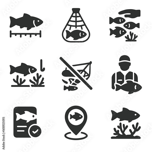 Sustainable Fishing Icons. Solid, filled icons set of sustainable fishing near reefs: fish size ruler, net