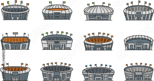 Set of Cartoon Stadium Illustrations with Flags on Transparent Background set cartoon stadium illustrations flags The transparent background valuable feature