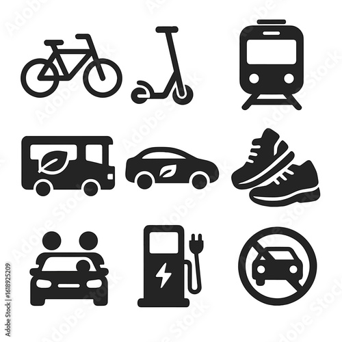Sustainable Transport Icons. Solid, filled icons set of sustainable transportation options: bicycle icon,