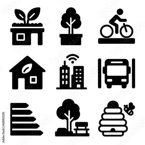 Sustainable Urban Icon Set. Solid, filled icons set of sustainable urban development: green roof, urban tree