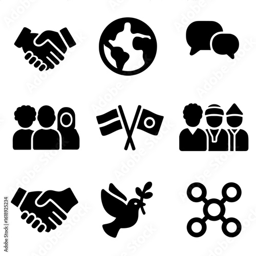 Multicultural Icons Grid. Solid, filled icon set of multicultural interactions: handshake, globe, speech bubbles, group of diverse