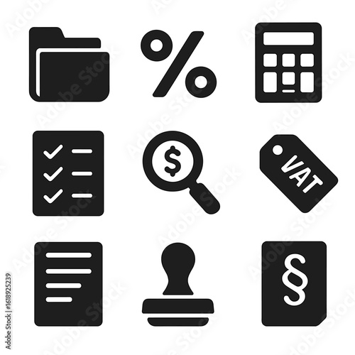 Tax Planning Icons. Solid, filled icons set of tax planning and compliance: tax folder, percentage rate icon,