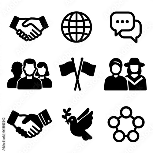 Multicultural Icons Grid. Solid, filled icon set of multicultural interactions: handshake, globe, speech bubbles, group of diverse
