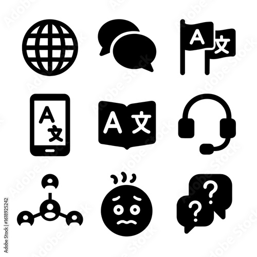 Multilingual Icons Grid. Solid, filled icon set of multilingual interaction: globe, multiple speech bubbles, language flags,