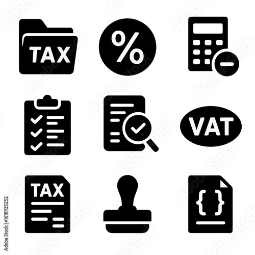 Tax Compliance Icons. Solid, filled icons set of tax planning and compliance: tax folder, percentage rate icon